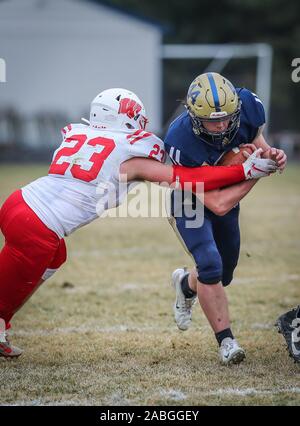 Football action with Weiser vs Timberlake in Spirit Lake, Idaho. Stock Photo