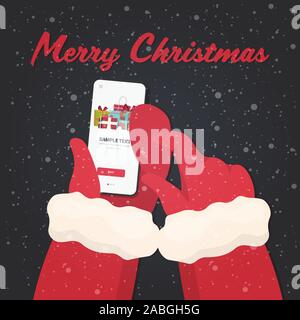 santa hands using mobile app gift present boxes on smartphone screen christmas new year holidays celebration concept greeting card vector illustration Stock Vector