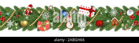 christmas seamless banner with pine branches and christmas decorations Stock Vector