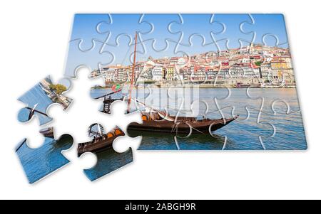 Plan your portuguese holiday - Concept in puzzle shape - Typical portuguese boats used in the past to transport the famous port wine Stock Photo
