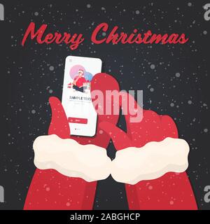 santa hands using mobile app man with gift present boxes on smartphone screen christmas new year holidays celebration concept greeting card vector illustration Stock Vector