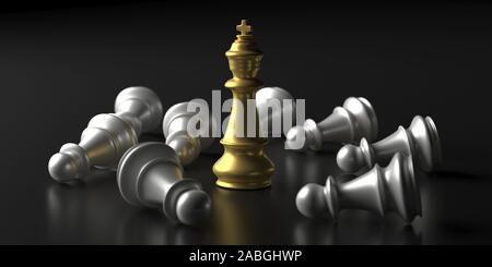 Winner, leader concept. Chess king gold standing, silver pawns down, black background. 3d illustration Stock Photo