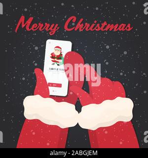 santa hands using smartphone online mobile app christmas new year holidays celebration concept greeting card vector illustration Stock Vector