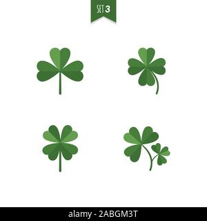 Luck clover leaves vector set isolated on white background. Four and three leaf clover. Flat illustration Stock Vector