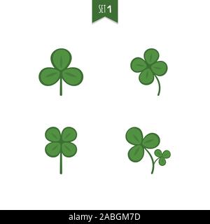 Luck clover leaves vector set isolated on white background. Four and three leaf clover. Flat illustration Stock Vector