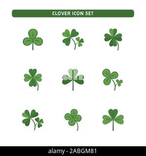 Nine Luck clover vector set isolated on white background. Four and three leaf clover. Flat illustration Stock Vector