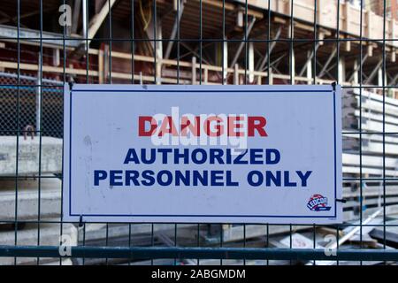Vancouver, Canada - October 7,2019: A View of sign on the fence 'Danger authorized personnel only' Stock Photo