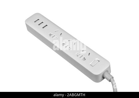 Power strip with three electrical sockets chinese or universal standard, illuminated power circuit breaker and 3 USB charging hub ports, isolated on a Stock Photo