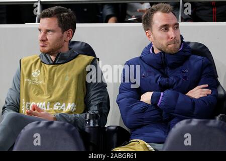 London, UK. 26th Nov, 2019. Jan Vertonghen with Christian Eriksen of Tottenham Hotspur during the UEFA Champions League Group stage match between Tottenham Hotspur and Olympiacos Piraeus at Tottenham Hotspur Stadium, London, England. Photo by Carlton Myrie. Editorial use only, license required for commercial use. No use in betting, games or a single club/league/player publications. Credit: UK Sports Pics Ltd/Alamy Live News Stock Photo