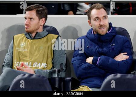 London, UK. 26th Nov, 2019. Christian Eriksen of Tottenham Hotspur and Jan Vertonghen sitting together during the UEFA Champions League Group stage match between Tottenham Hotspur and Olympiacos Piraeus at Tottenham Hotspur Stadium, London, England. Photo by Carlton Myrie. Editorial use only, license required for commercial use. No use in betting, games or a single club/league/player publications. Credit: UK Sports Pics Ltd/Alamy Live News Stock Photo