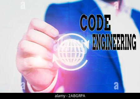 Writing note showing Code Engineering. Business concept for application of engineering to the development of software Stock Photo