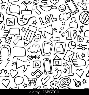 Seamless pattern with hand drawn social media elements. Black outline icons on white background. Vector illustration. Stock Vector