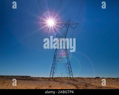 Silhouette High voltage electric towers at sunset time. High-voltage power lines. Electricity distribution station Stock Photo