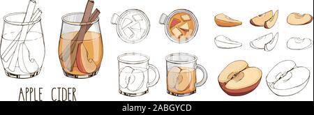 Set of drawn vector elements in orange red and blue colors isolated on white background. Apple cider and fruit slices. Popular winter beverage. Christ Stock Vector