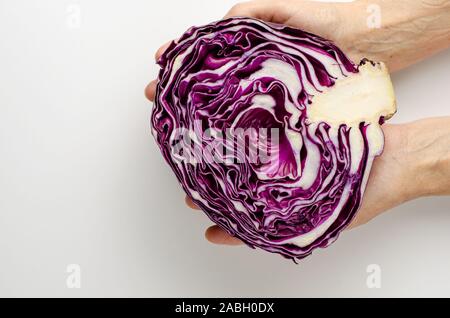 Hands holding Red cabbage half on wite background. Copy space. Top view Stock Photo