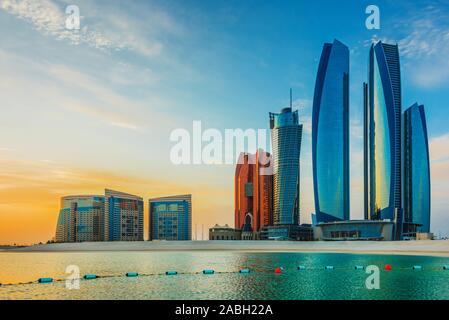 ABU DHABI, UNITED ARAB EMIRATES - FEB 10, 2019: Etihad Towers in Abu Dhabi, United Arab Emirates Stock Photo