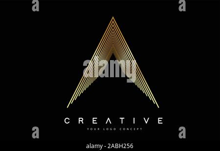A Lines Letter Logo Vector Design. Creative A Letter Icon with Golden Lines Vector Illustration. Stock Vector