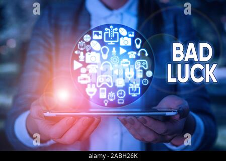 Conceptual hand writing showing Bad Luck. Concept meaning an unfortunate state resulting from unfavorable outcomes Mischance Stock Photo