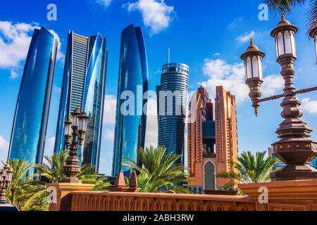 ABU DHABI, UNITED ARAB EMIRATES - FEB 13, 2019: Etihad Towers in Abu Dhabi, United Arab Emirates after sunset Stock Photo