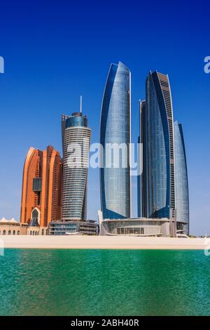 ABU DHABI, UNITED ARAB EMIRATES - FEB 10, 2019: Etihad Towers in Abu Dhabi, United Arab Emirates Stock Photo