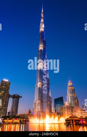 DUBAI, UNITED ARAB EMIRATES - FEB 8, 2019: Burj Khalifa or Khalifa Tower, the tallest building in the world, by night, Dubai, United Arab Emirates.