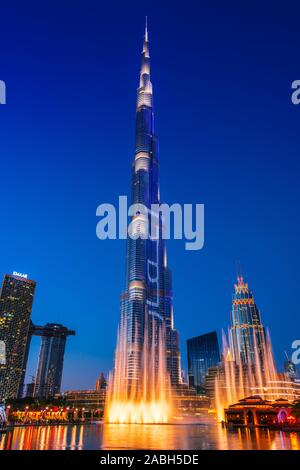 DUBAI, UNITED ARAB EMIRATES - FEB 8, 2019: Burj Khalifa or Khalifa Tower, the tallest building in the world, by night, Dubai, United Arab Emirates.