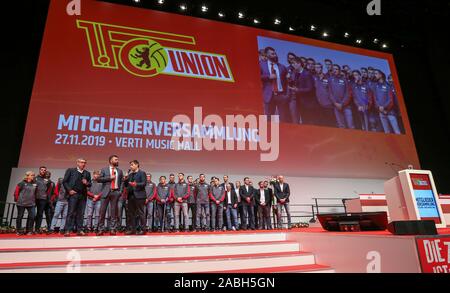 Berlin, Germany. 27th Nov, 2019. General meeting of the 1st FC Union Berlin in the Verti Music Hall. The Union Berlin team is on stage. Credit: Andreas Gora/dpa/Alamy Live News Stock Photo