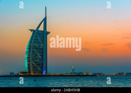 DUBAI, UNITED ARAB EMIRATES - FEB 11, 2019: The Burj Al Arab or Tower of the Arabs, a luxury hotel in Dubai, United Arab Emirates. Stock Photo