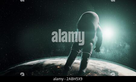 Astronaut against realistic planet Earth Sun flare. Spaceman in open space illuminated mainland. 3d render animation. Science and technology concept. Elements of this image furnished by NASA Stock Photo