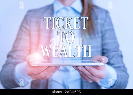 Handwriting text writing Ticket To Wealth. Conceptual photo Wheel of fortune Passage to Successful and brighter future Business concept with mobile ph Stock Photo