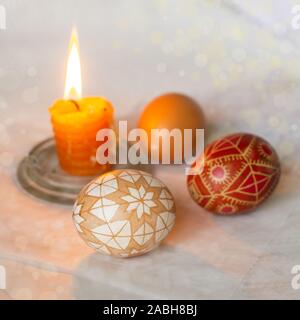 Easter eggs with traditional geometric patterns painted with hot wax Stock Photo