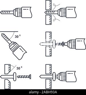 Hole drilling icon - set of drill tools and process of perforation, tightening of screws guide Stock Vector