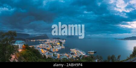 Alesund, Norway. Night View Of  Alesund Skyline Cityscape. Historical Center In Summer Evening. Famous Norwegian Landmark And Popular Destination. Ale Stock Photo