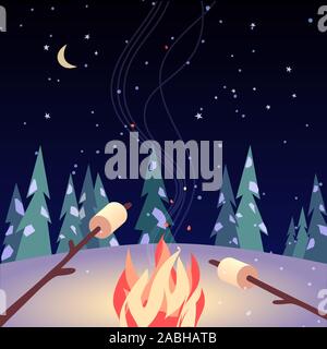 Marshmallow roast on winter campfire vector poster Stock Vector