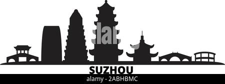 China, Suzhou city skyline isolated vector illustration. China, Suzhou travel cityscape with landmarks Stock Vector