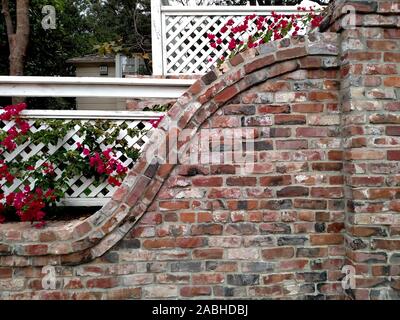 Berkeley, CA / USA - October 16 2019: Corner of a decorative property wall made of salvaged clinker bricks Stock Photo