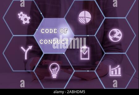 Writing note showing Code Of Conduct. Business concept for Ethics rules moral codes ethical principles values respect Stock Photo
