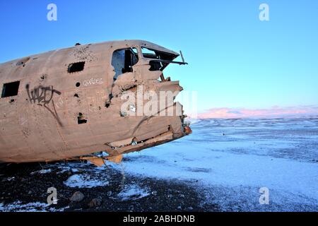 Crashed Airplane on the Black Sand Beach, Iceland Stock Photo