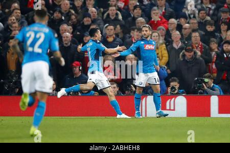 Napoli's Dries Mertens celebrates scoring his side's first goal of the game during the UEFA Champions League Group E match at Anfield, Liverpool. Stock Photo