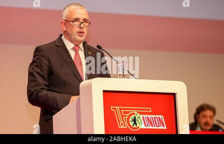 Berlin, Germany. 27th Nov, 2019. General Assembly 1st FC Union Berlin, Verti Music Hall. President Dirk Zingler speaks to the members. Credit: Andreas Gora/dpa/Alamy Live News Stock Photo