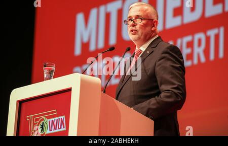 Berlin, Germany. 27th Nov, 2019. General Assembly 1st FC Union Berlin, Verti Music Hall. President Dirk Zingler speaks to the members. Credit: Andreas Gora/dpa/Alamy Live News Stock Photo