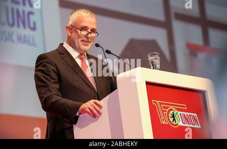 Berlin, Germany. 27th Nov, 2019. General Assembly 1st FC Union Berlin, Verti Music Hall. President Dirk Zingler speaks to the members. Credit: Andreas Gora/dpa/Alamy Live News Stock Photo