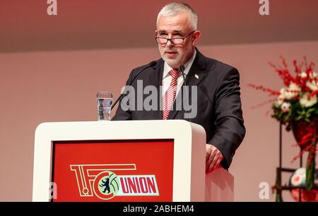 Berlin, Germany. 27th Nov, 2019. General Assembly 1st FC Union Berlin, Verti Music Hall. President Dirk Zingler speaks to the members. Credit: Andreas Gora/dpa/Alamy Live News Stock Photo