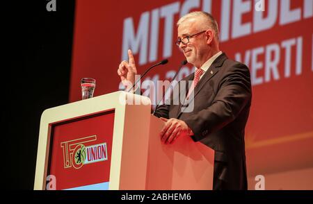 Berlin, Germany. 27th Nov, 2019. General Assembly 1st FC Union Berlin, Verti Music Hall. President Dirk Zingler speaks to the members. Credit: Andreas Gora/dpa/Alamy Live News Stock Photo