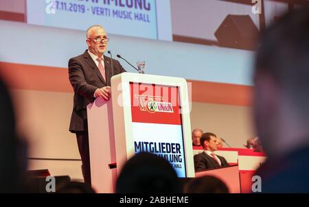 Berlin, Germany. 27th Nov, 2019. General Assembly 1st FC Union Berlin, Verti Music Hall. President Dirk Zingler speaks to the members. Credit: Andreas Gora/dpa/Alamy Live News Stock Photo