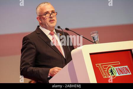 Berlin, Germany. 27th Nov, 2019. General Assembly 1st FC Union Berlin, Verti Music Hall. President Dirk Zingler speaks to the members. Credit: Andreas Gora/dpa/Alamy Live News Stock Photo