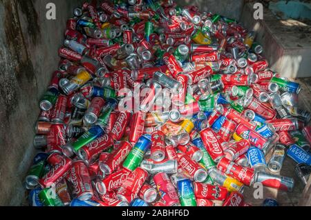 room full of aluminium drink cans for recycling, Bali, Indonesia Stock Photo