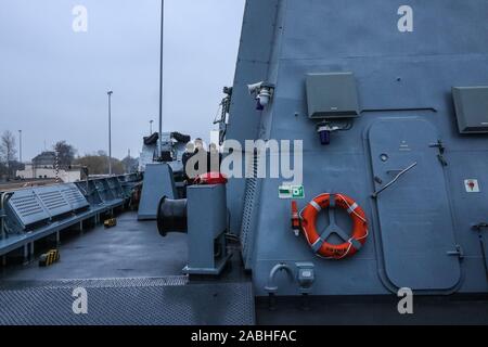 Gdynia, Poland. 27th, Nov. 2019 Polish Navy ORP Slazak patrol vessel the day before officially start of the service is seen in Gdynia, Poland on 27 November 2019 The ORP Slazak will be an Offshore Patrol Vessel of the Polish Navy, formerly known as Gawron-class corvette. Construction of the ship started in 2001.  © Vadim Pacajev / Alamy Live News Stock Photo