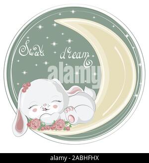 isolated sleepping baby girl bunny. hare, rabbit in roses flowers, on moon. Picture in hand drawing cartoon style, for t-shirt wear print, fashion des Stock Vector