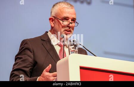 Berlin, Germany. 27th Nov, 2019. General Assembly 1st FC Union Berlin, Verti Music Hall. President Dirk Zingler speaks to the members. Credit: Andreas Gora/dpa/Alamy Live News Stock Photo